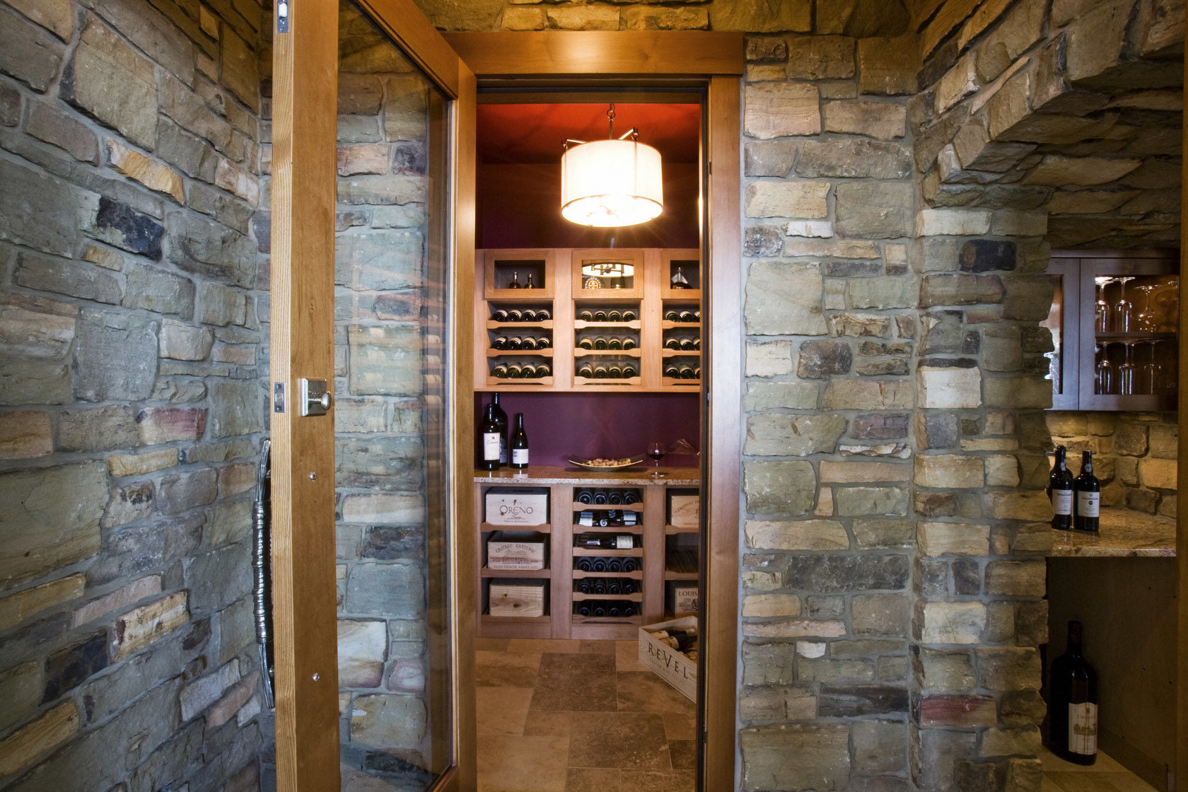 wine cellar entry door with wood frame and glass