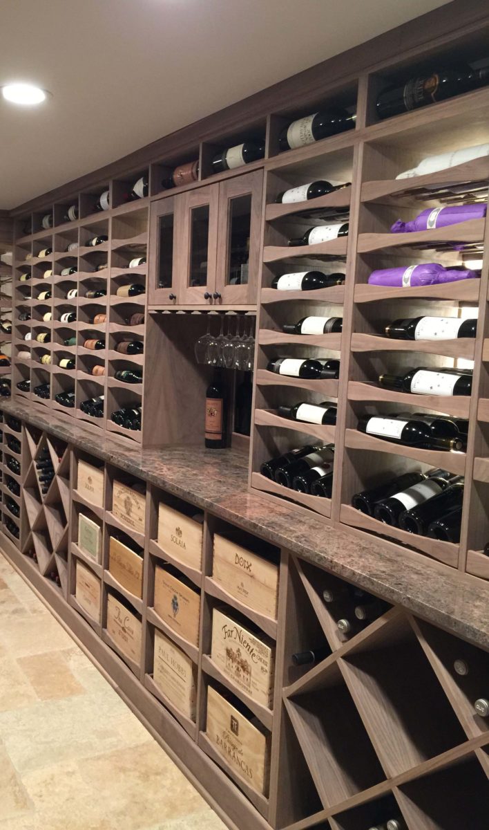Large Format Bottle Storage in Walnut Wine Cellar