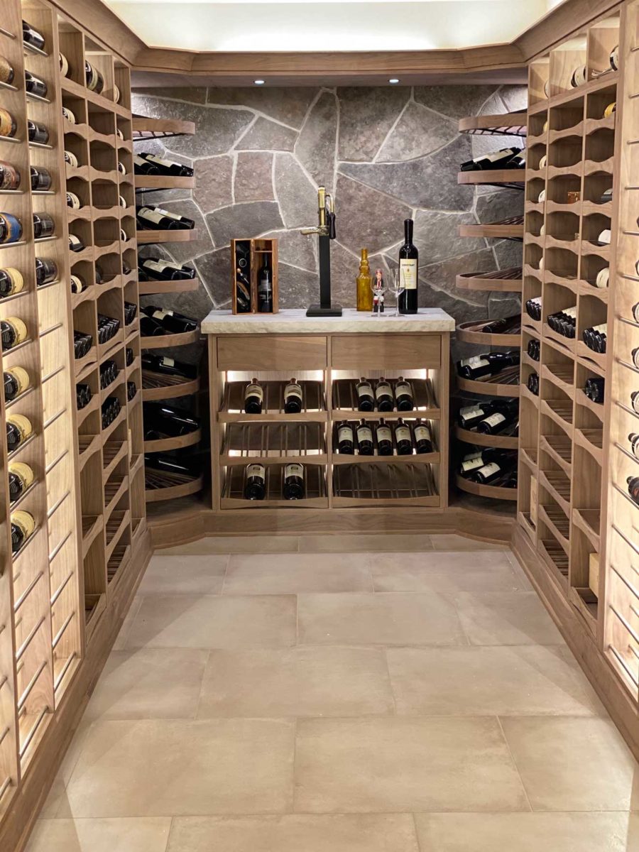 Minnesota wine cellar with wine wheels at focal point