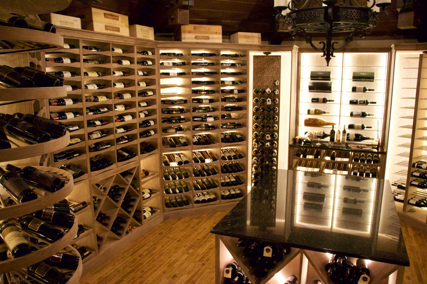 Hexagon Shaped Wine Cellar with walnut wine racks