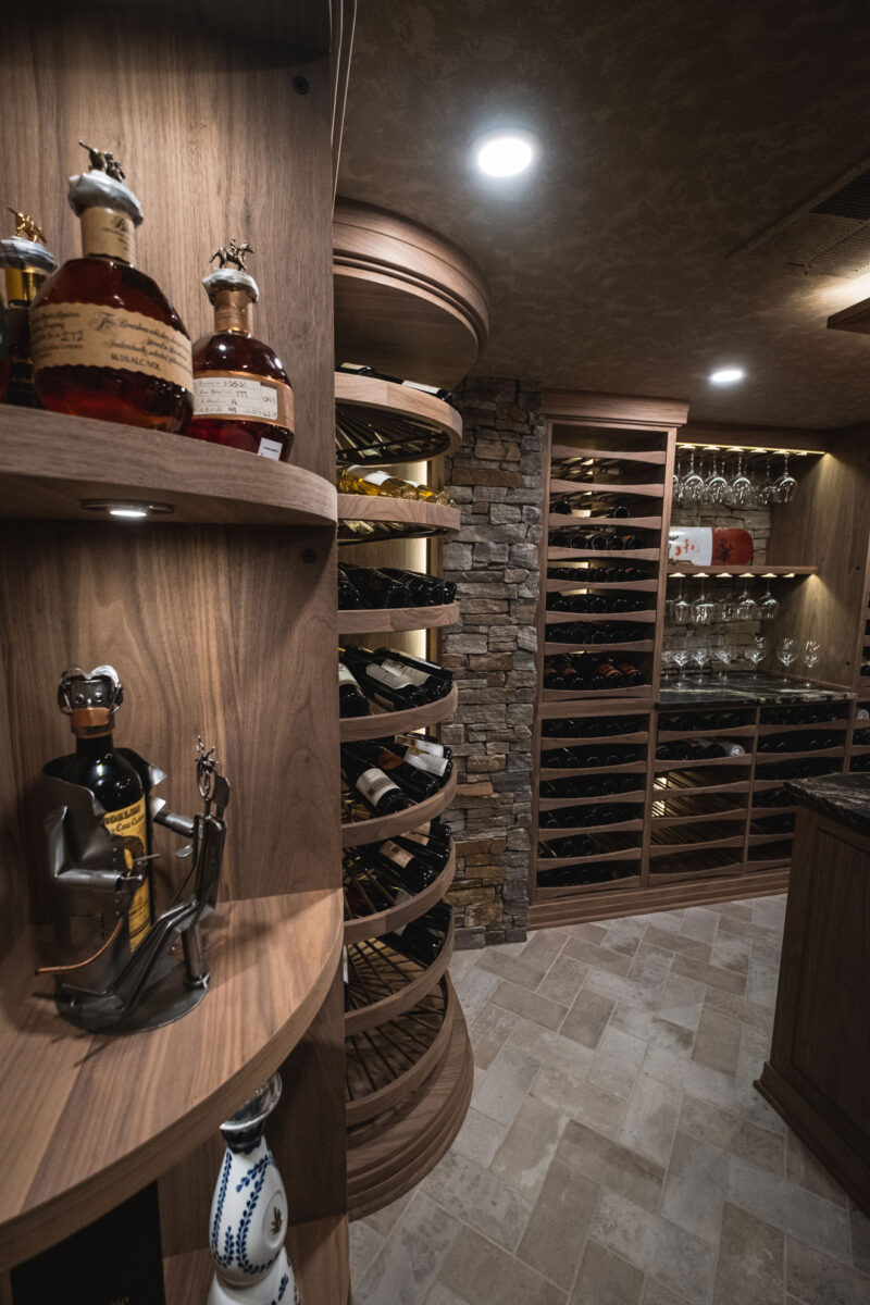 Quarter Round Cabinet and Wine Glass Storage Above Counter